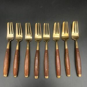 Vintage Midcentury Brass & Wood Dessert Fork Set